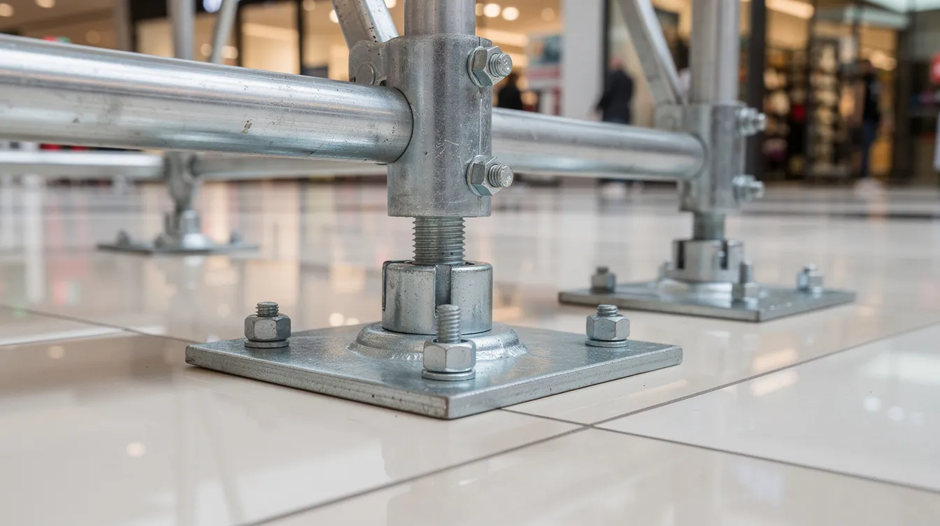 Display Escalators Choirs or Stage Platforms: Temporary Event Stages & Pop-Up Platforms Load Design and PE Endorsement for Mall Atriums The image shows a close-up view of sturdy steel scaffolding legs and load spreader plates that support a stable temporary platform on a polished mall floor, ideal for portable stages and performance settings. This setup enhances visibility and safety for performers and the audience during events.