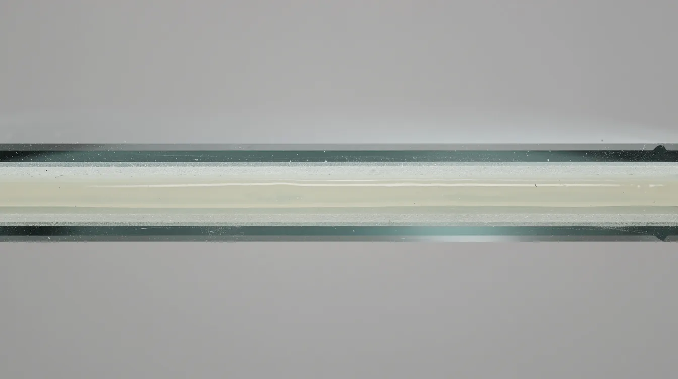 Replacement of Windows Full Height Glass Curtain Walls: Wind Load Analysis and PE Endorsement Requirements The image shows a close-up view of a laminated glass panel edge, highlighting the PVB interlayer that is bonded between two glass lites. This detail is crucial for understanding the structural elements and performance features of glass curtain wall systems, which enhance energy efficiency and provide superior weather sealing in building façades.