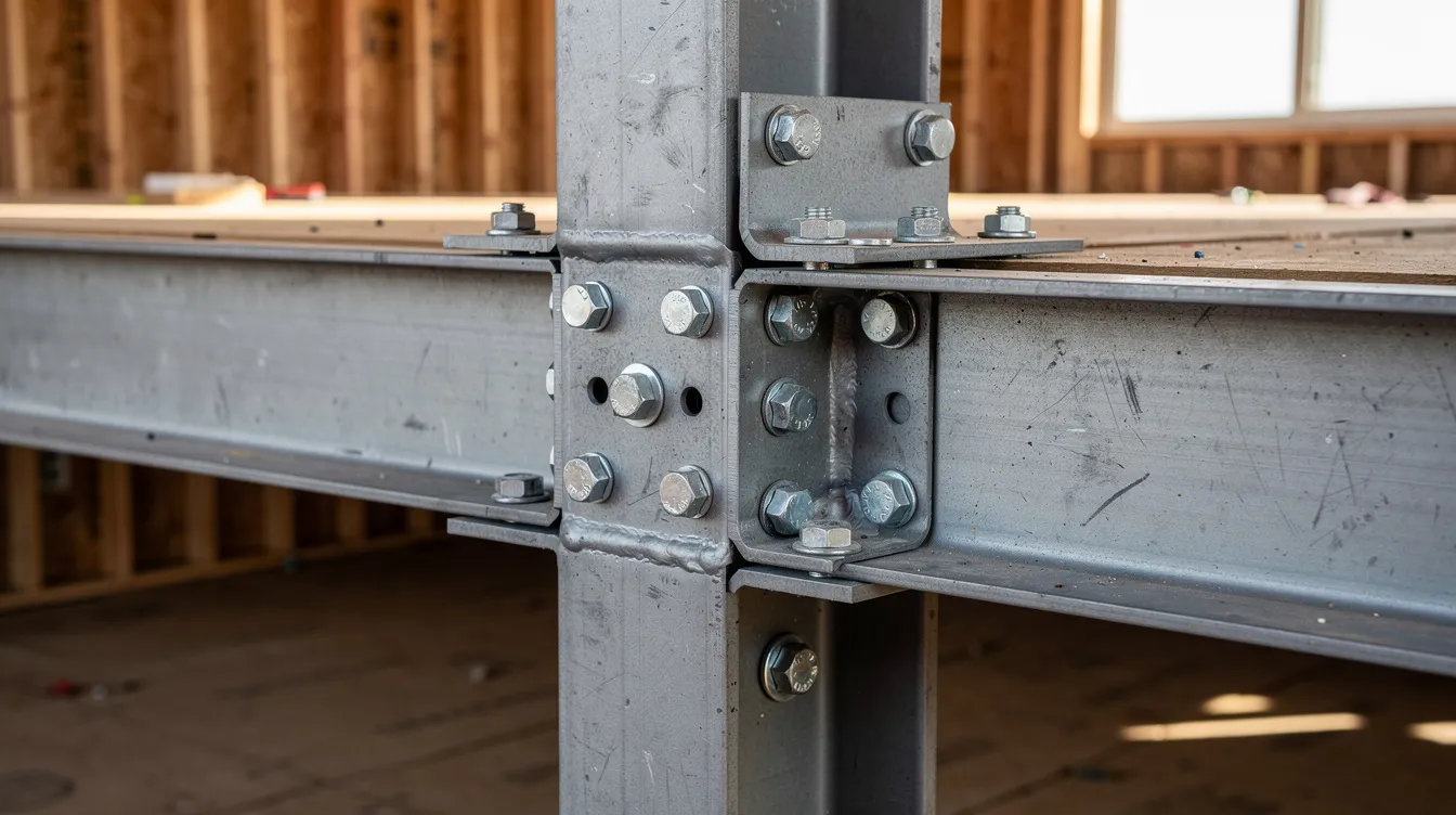 How High Can You Go? Mezzanines Furniture Platforms PE Design Analysis for Residential Timber & Steel Mezzanines Exempt from BCA Submission The image shows a close-up view of steel I-beam connections with bolted joints, highlighting the structural system of a mezzanine platform under construction. This platform is designed to create additional storage space and office space in a residential setting, showcasing its potential for efficient use of vertical space.