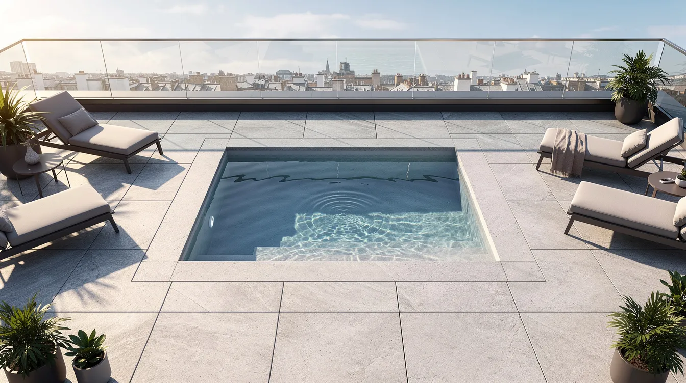 Residential Water Features Swimming Pool Decks: Adding Balcony Jacuzzis or Above-Ground Decks Structural Load Assessment without BCA Approval An aerial view showcases a residential rooftop deck featuring a small rectangular spa, surrounded by elegant stone tile. The design emphasizes visual interest with its clean lines and creates a serene atmosphere perfect for relaxation, complemented by the soothing sounds of water cascading from the spa spillways.