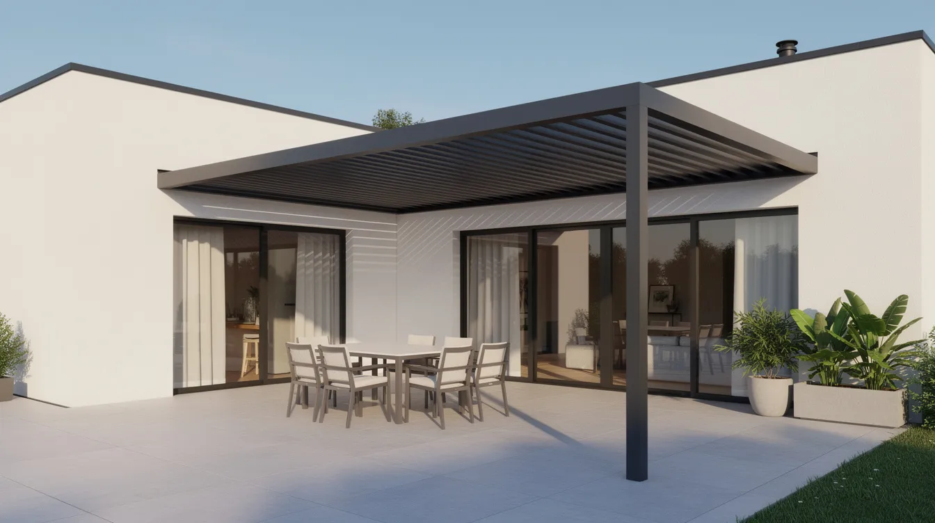 Installing Heavy Motorized Retractable Awnings Canopies & Aluminum Louvers: Structural Cantilever Checks and PE Sign-Off An aluminum louver awning extends from the side of a modern landed house, providing shade over a stylish patio area, perfect for outdoor dining. This retractable awning solution offers homeowners flexibility and protection from sunlight and rain, enhancing their outdoor space.