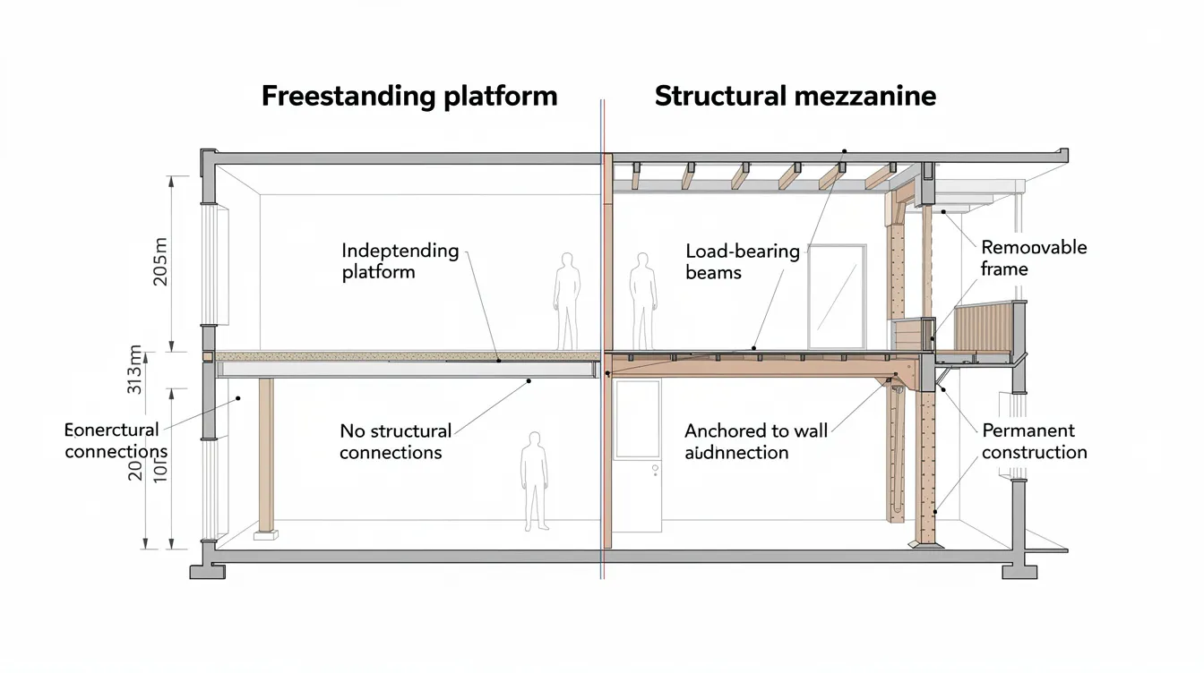 How High Can You Go? Mezzanines Furniture Platforms PE Design Analysis for Residential Timber & Steel Mezzanines Exempt from BCA Submission The image features an engineering diagram that compares a cross-section of a freestanding furniture platform with a permanently fixed structural mezzanine in a residential unit, highlighting the differences in storage capacity and usable floor area. The diagram illustrates how each option utilizes vertical space and accommodates various storage needs, such as shelving units and pallet racking, within the existing structure.