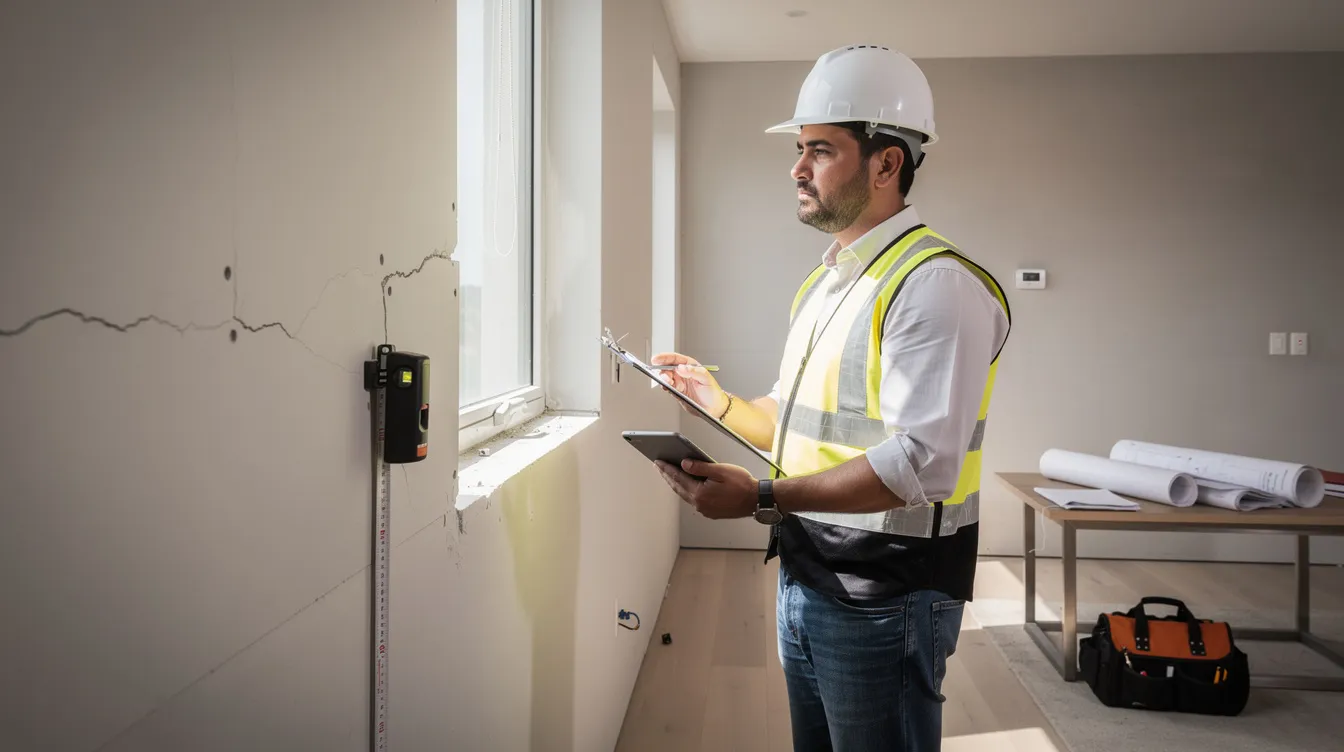 Internal Non Load Bearing Wall Removal: Why You Still Need PE Design Sign-Off Even Without a BCA Plan Submission A structural engineer is conducting a site inspection of an internal wall in a residential building, assessing whether it is a load bearing wall or a non load bearing wall. The inspection focuses on ensuring the structural integrity of the building and compliance with building regulations before any potential wall removal or alterations.