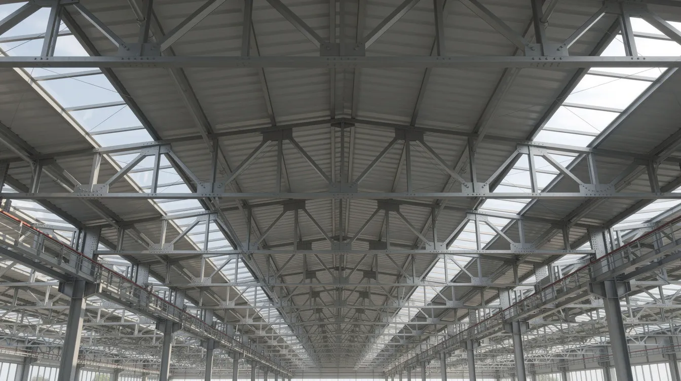 Solar Mounting Systems on Factory Metal Roofs: Industrial Roof Solar Array Upgrades and Structural Purlin and Truss Capacity Analysis by a PE The image depicts the interior of an industrial factory roof, showcasing robust steel trusses and purlins that support durable metal roofing panels. This structure is designed to accommodate solar installation, with features that ensure reliable mounting systems for solar panels, enhancing energy efficiency and reducing the carbon footprint.
