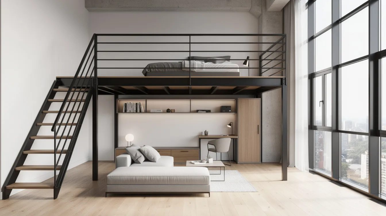 How High Can You Go? Mezzanines Furniture Platforms PE Design Analysis for Residential Timber & Steel Mezzanines Exempt from BCA Submission The image depicts a modern residential loft featuring a steel-framed mezzanine platform with guardrails and a compact staircase, efficiently utilizing vertical space to create additional storage and office space. The well-organized area showcases a thoughtful mezzanine layout, enhancing the overall functionality of the apartment.