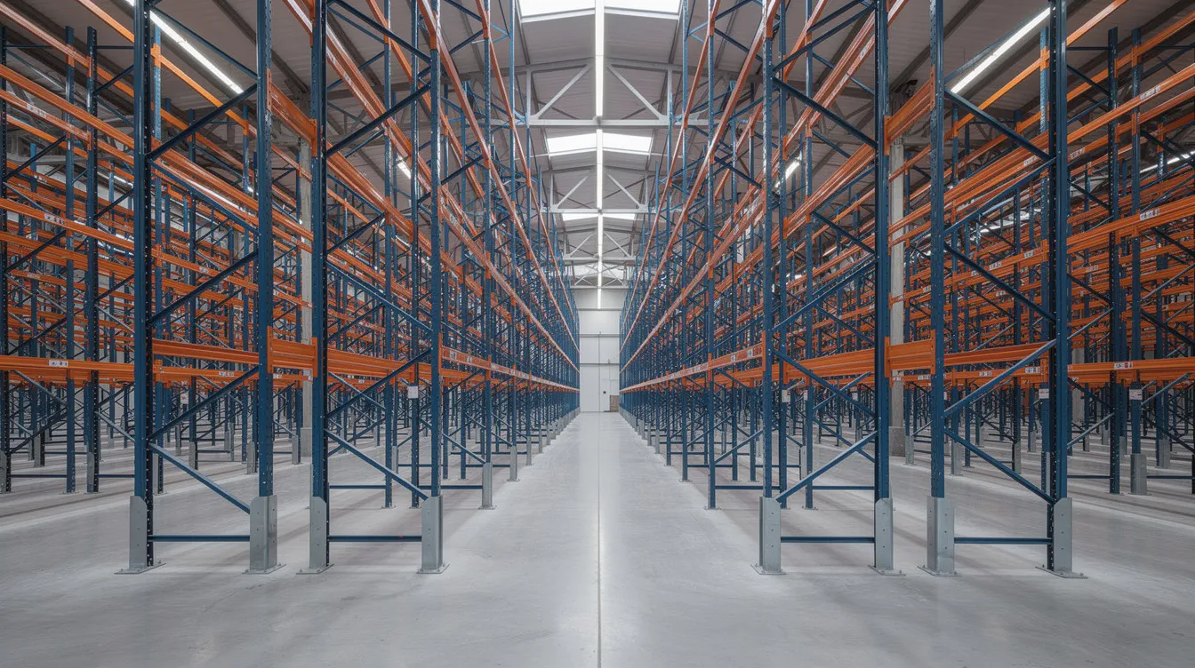Industrial Rack Storage Systems Selective Racking: High-Bay Warehouse Storage Racking PE Design Verification for Baseplates, Anchors, and Slab Point-Loads The image shows a wide view of a warehouse featuring tall selective racking systems with narrow aisles, highlighting the upright frame bracing and floor anchor points. This layout is designed to maximize storage capacity and efficiency, allowing for easy access to individual pallets and supporting diverse inventory management needs.