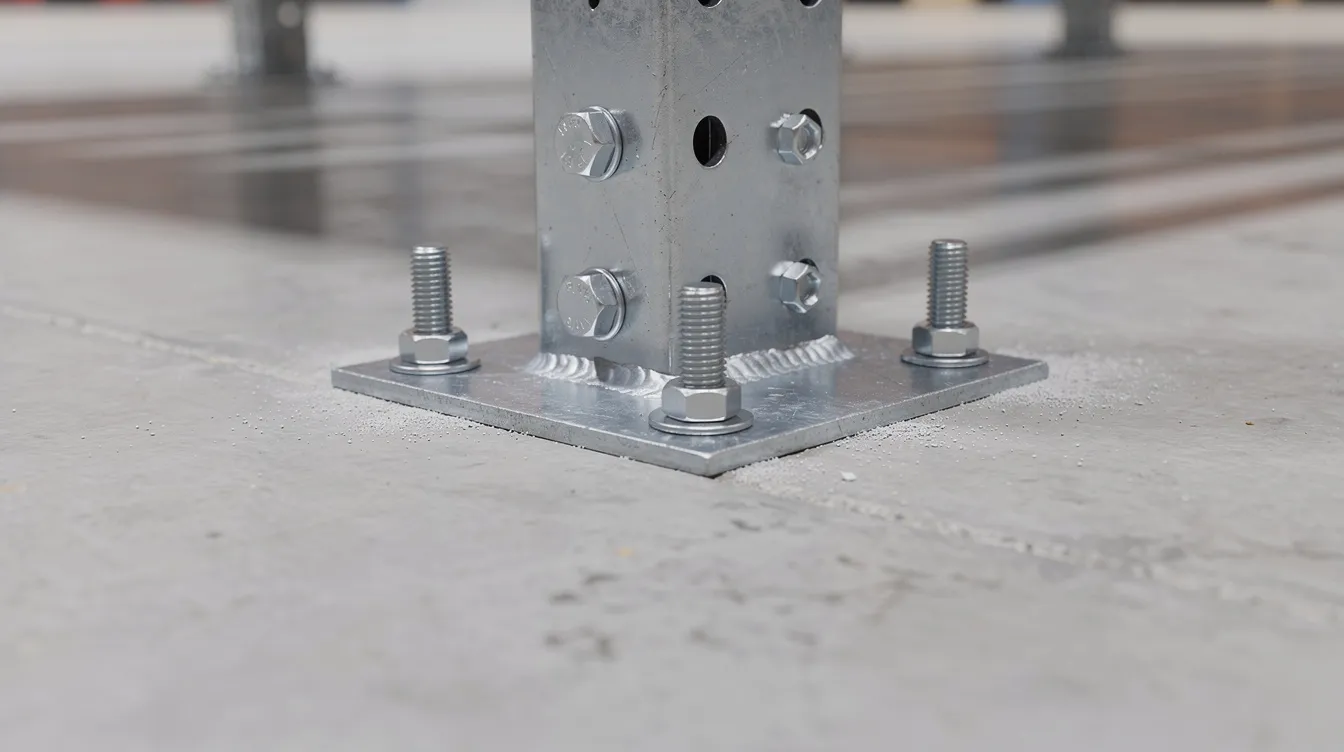 Industrial Rack Storage Systems Selective Racking: High-Bay Warehouse Storage Racking PE Design Verification for Baseplates, Anchors, and Slab Point-Loads The image shows a close-up view of a steel racking baseplate securely bolted to a concrete warehouse floor, with visible anchor bolts providing extra support. This racking structure is part of a selective pallet racking system designed to maximize warehouse space and enhance storage capacity for various pallet sizes.