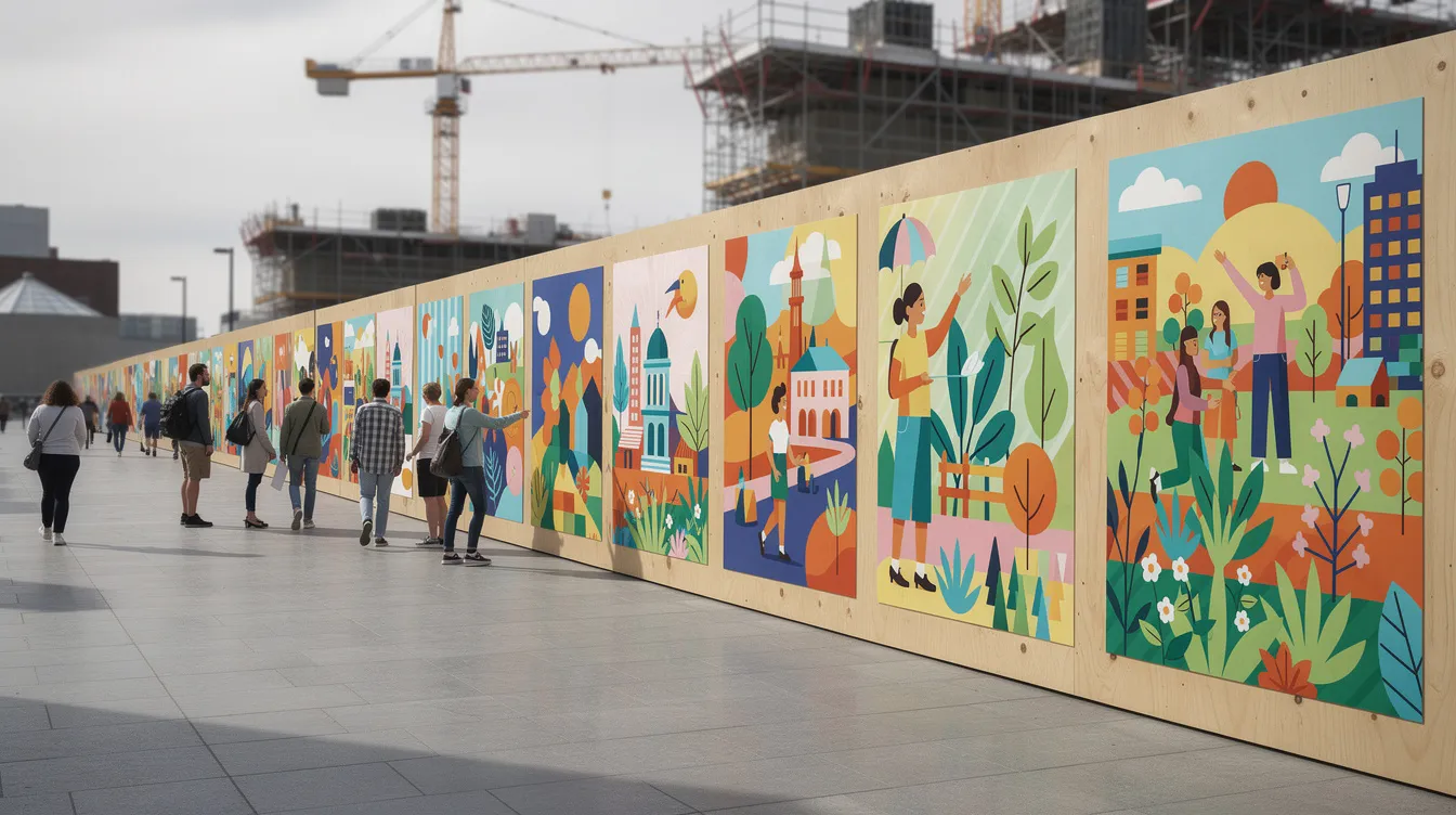 External Site Hoarding Decorative Fencing: Classifying Hoarding and Protective Fencing, Wind Load Calculations, and PE Endorsement for A&A Works The image features a colorful construction hoarding adorned with vibrant community artwork panels, lining a pedestrian walkway. This decorative barrier not only enhances the visual impact of the construction site but also serves as a temporary fencing solution to manage crowd control and ensure safety.