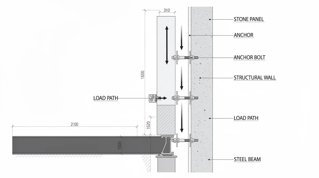 Heavy Architectural Features Load Analysis: Feature Wall vs. Structural Risk—When Heavy Marble, Stone Cladding, and Wall-Mounted Aquariums Require PE Checking The image is a cross-section diagram illustrating the load path from a wall-mounted stone panel through anchors into a structural wall, ultimately transferring the load down to a beam. This diagram is essential for structural engineers, as it highlights the critical structural components involved in load analysis, including considerations for dead loads, live loads, and environmental factors that impact structural stability and integrity.