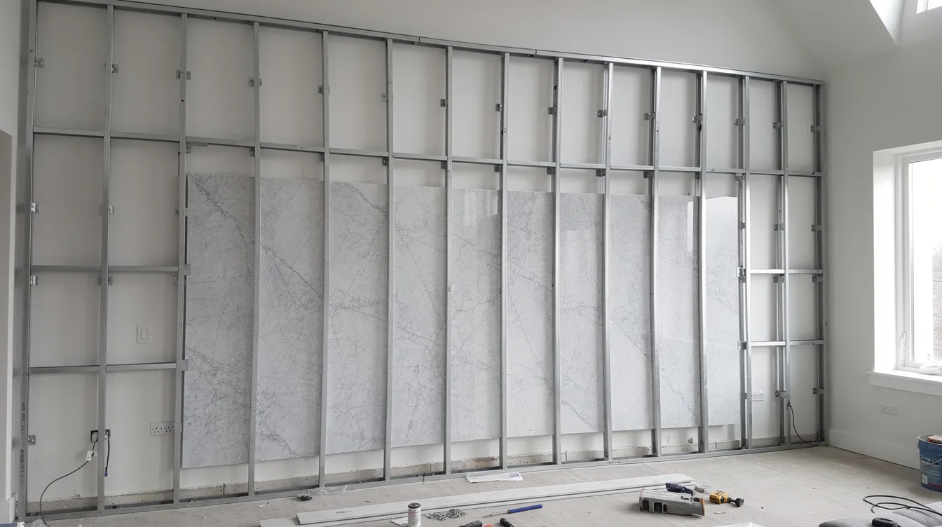 Heavy Architectural Features Load Analysis: Feature Wall vs. Structural Risk—When Heavy Marble, Stone Cladding, and Wall-Mounted Aquariums Require PE Checking The image depicts a heavy marble wall cladding installation on an interior residential feature wall, showcasing a visible metal subframe that supports the structural components. This installation emphasizes the importance of load analysis and structural integrity, ensuring compliance with building codes for safety and performance criteria.