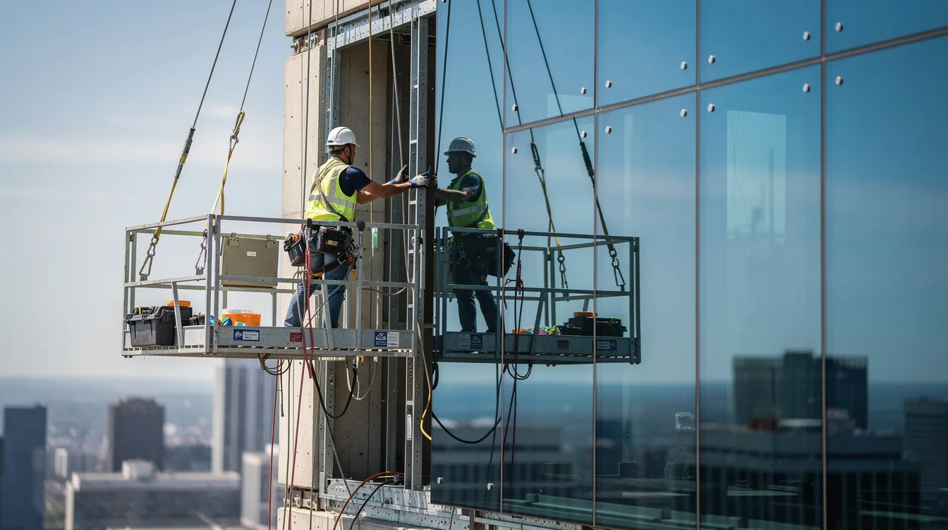 Replacement of Windows Full Height Glass Curtain Walls: Wind Load Analysis and PE Endorsement Requirements Two workers are installing a large glass panel on the exterior of a high-rise building using a suspended platform, showcasing the intricate process of setting up curtain wall systems for the building's façade. The scene highlights the use of large panels that span multiple floors, contributing to the structure's modern design and natural light intake.