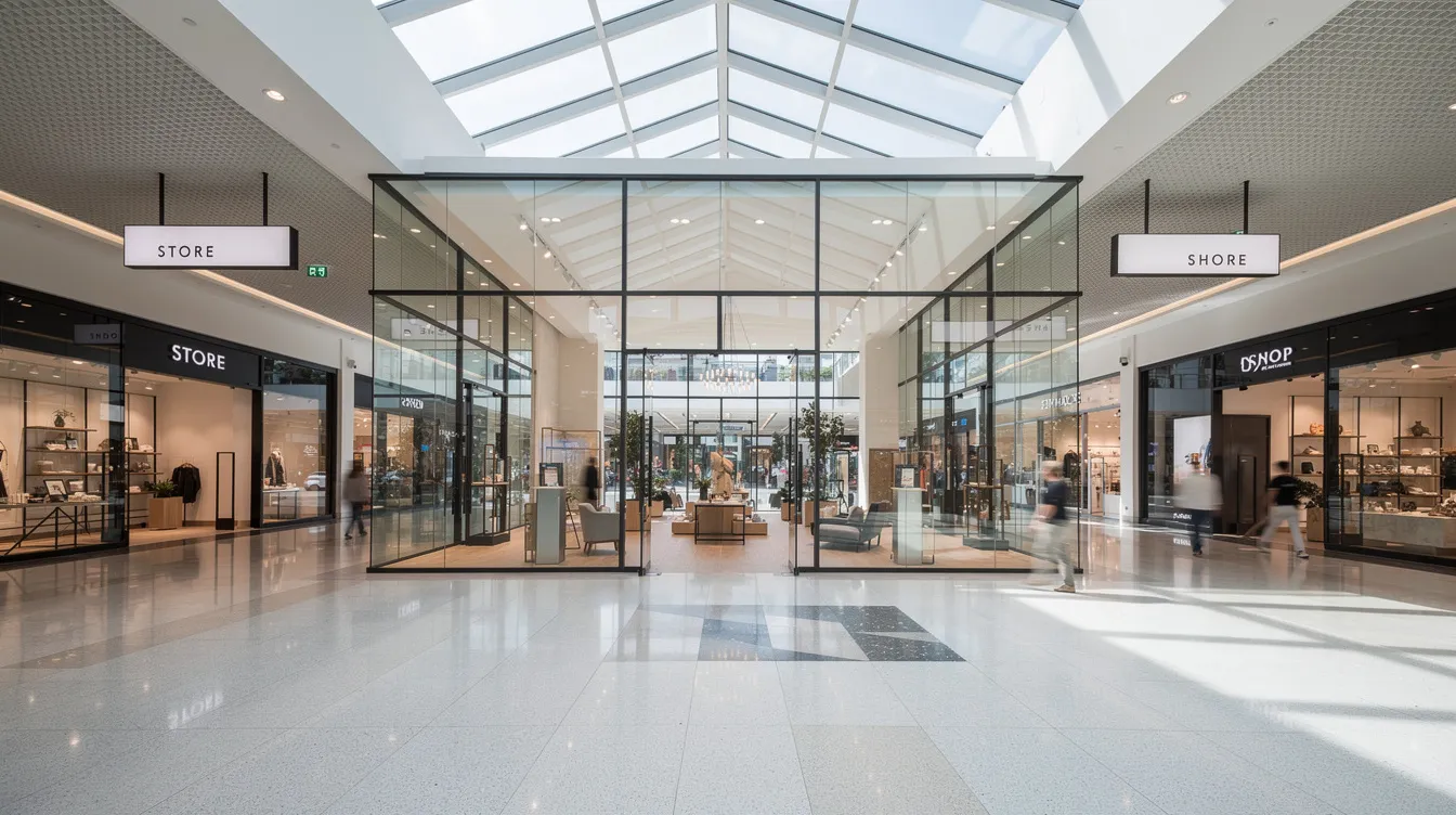 Retail Glass Shopfronts Suspended Signage: Structural Integrity of Frameless Shopfronts and Overhead Signage Design Analysis for Retail Tenants The image depicts a modern glass shopfront within a brightly lit shopping mall atrium, showcasing various retail stores. Above the storefronts, illuminated signage and hanging signs provide visibility and information to potential customers.