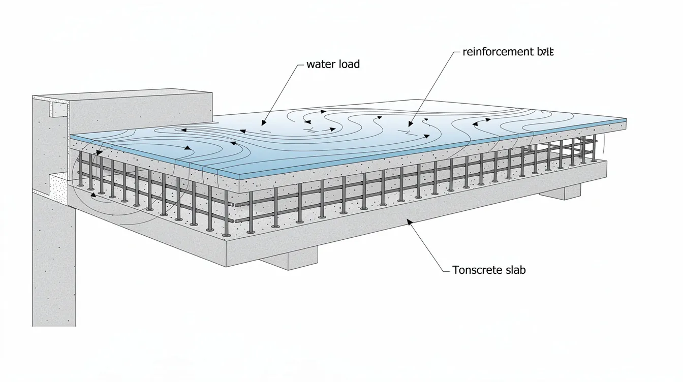 Residential Water Features Swimming Pool Decks: Adding Balcony Jacuzzis or Above-Ground Decks Structural Load Assessment without BCA Approval The image depicts a cross-section diagram of a concrete balcony slab, illustrating the water load distribution with visible reinforcement bars. This technical representation highlights the structural design considerations relevant for outdoor spaces, such as pool decks and residential water features.
