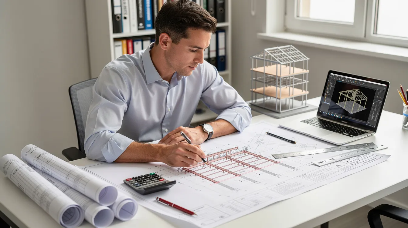 Heavy Architectural Features Load Analysis: Feature Wall vs. Structural Risk—When Heavy Marble, Stone Cladding, and Wall-Mounted Aquariums Require PE Checking A professional engineer is seated at a desk, carefully reviewing structural drawings and calculations for a residential building, surrounded by detailed building plans. The scene highlights the importance of structural analysis, load analysis, and compliance with building codes to ensure structural integrity and safety against various loads, including wind and seismic forces.