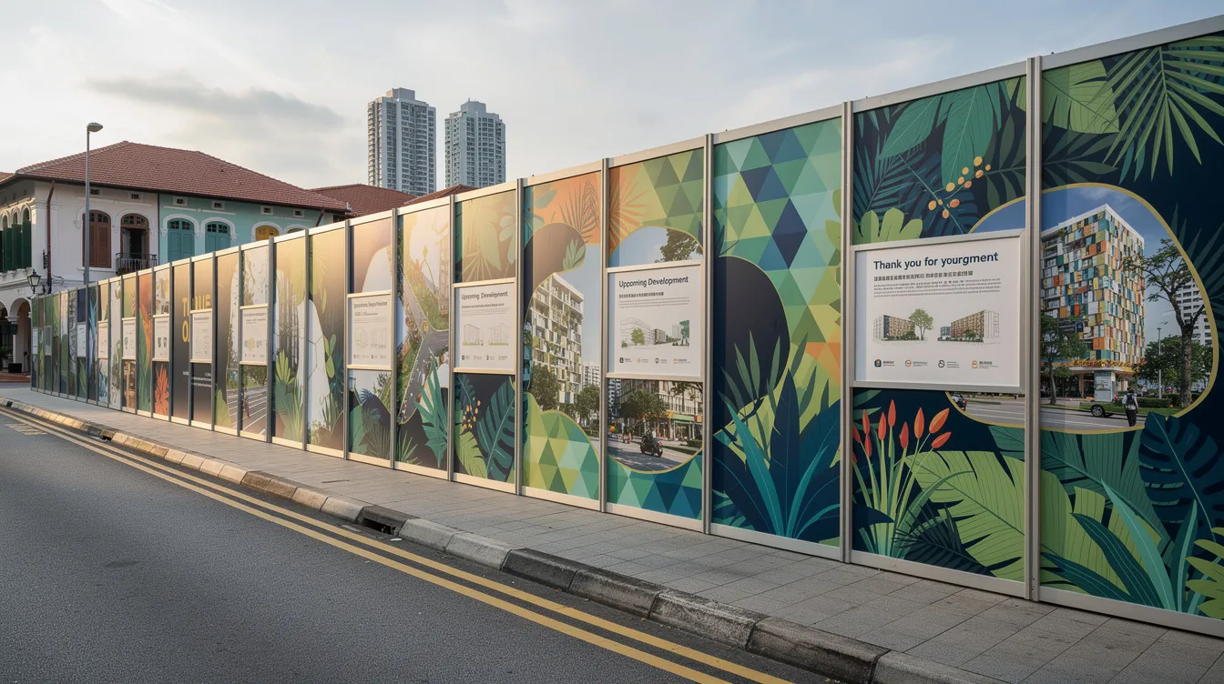 External Site Hoarding Decorative Fencing: Classifying Hoarding and Protective Fencing, Wind Load Calculations, and PE Endorsement for A&A Works The image features temporary construction hoarding panels along a Singapore street, adorned with decorative vinyl graphics that enhance the visual impact of the construction site. These panels serve as a secure barrier, effectively managing crowd control while providing protection and safety for both the site and the public.