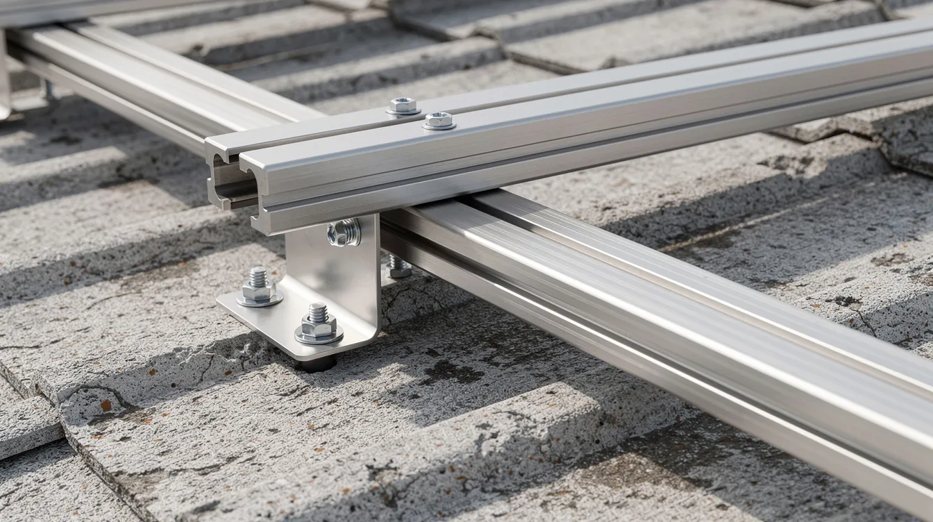 Solar Panel Installation on Private Roofs: Structural Wind-Load Calculations & PE Endorsement Mandates for Landed Homes A close-up view of aluminum mounting rails and stainless steel brackets securely attached to a concrete tile roof, showcasing the installation process for a rooftop solar system. This image highlights the crucial role of proper mounting systems in ensuring the structural integrity and efficiency of solar panel installations.