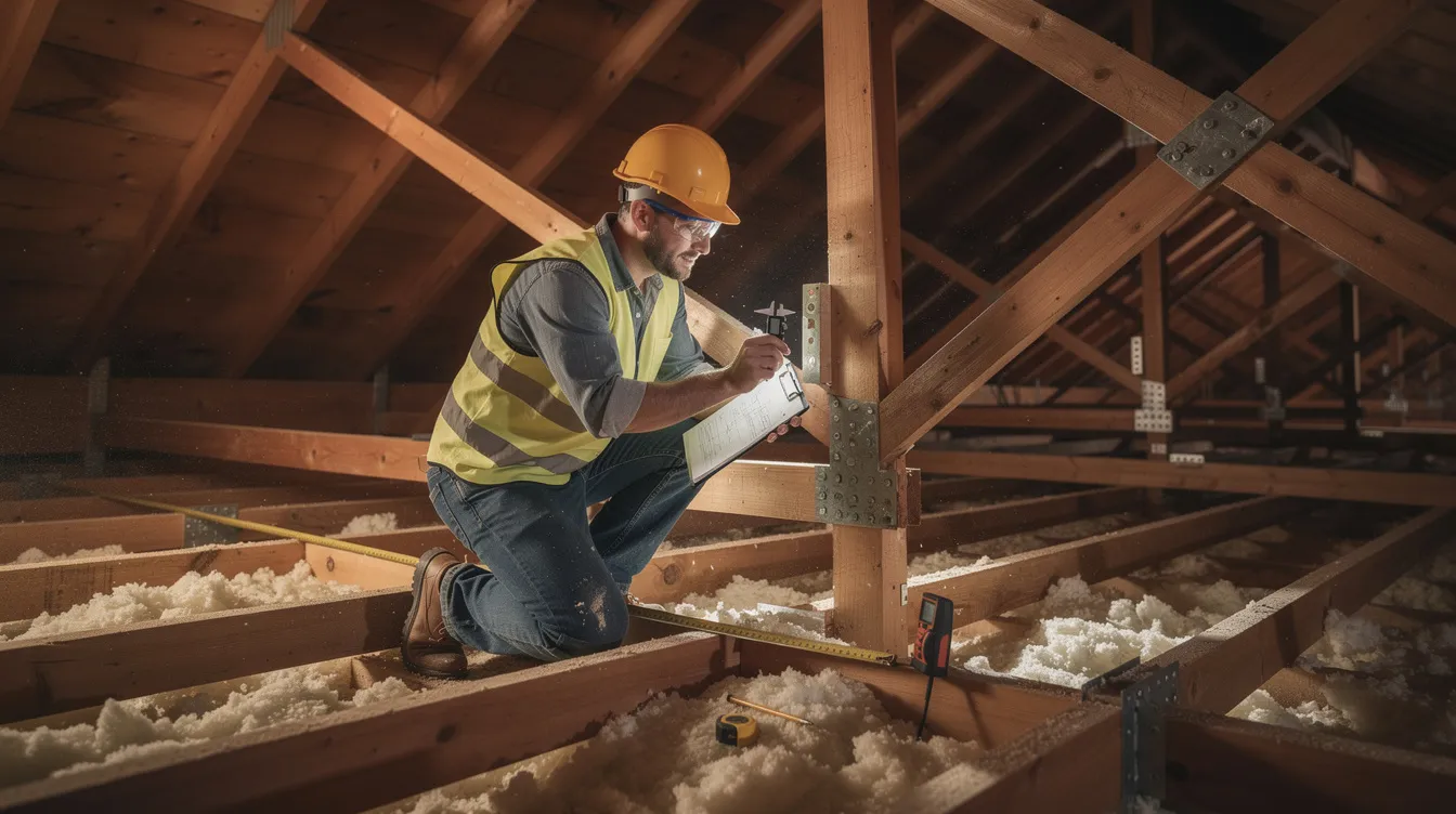 Solar Panel Installation on Private Roofs: Structural Wind-Load Calculations & PE Endorsement Mandates for Landed Homes An engineer is inspecting roof trusses from inside an attic space, using measurement tools to assess the structural integrity for potential solar panel installation. The inspection is a crucial step in ensuring that the roof can support a solar panel system, contributing to energy independence and reducing electricity costs.