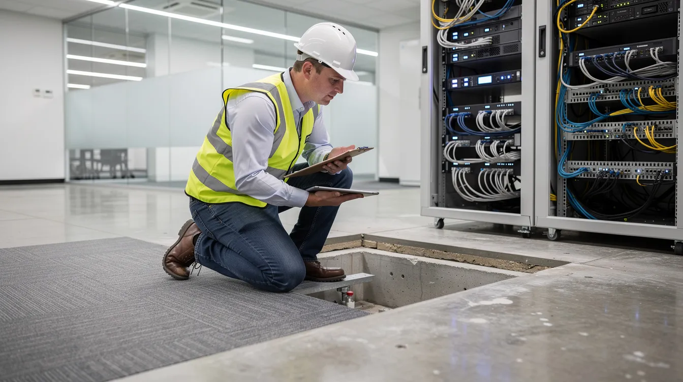 High Density Server Racks UPS Systems: Data Room Upgrades and How PEs Evaluate Concentrated Floor Loads without BCA Submissions An engineering professional is inspecting a commercial office floor slab next to high density server racks in a modern building interior, ensuring optimal power distribution and cooling efficiency for the critical infrastructure. The scene highlights the importance of maintaining proper airflow management and cable management around the IT equipment to ensure continuous operation.