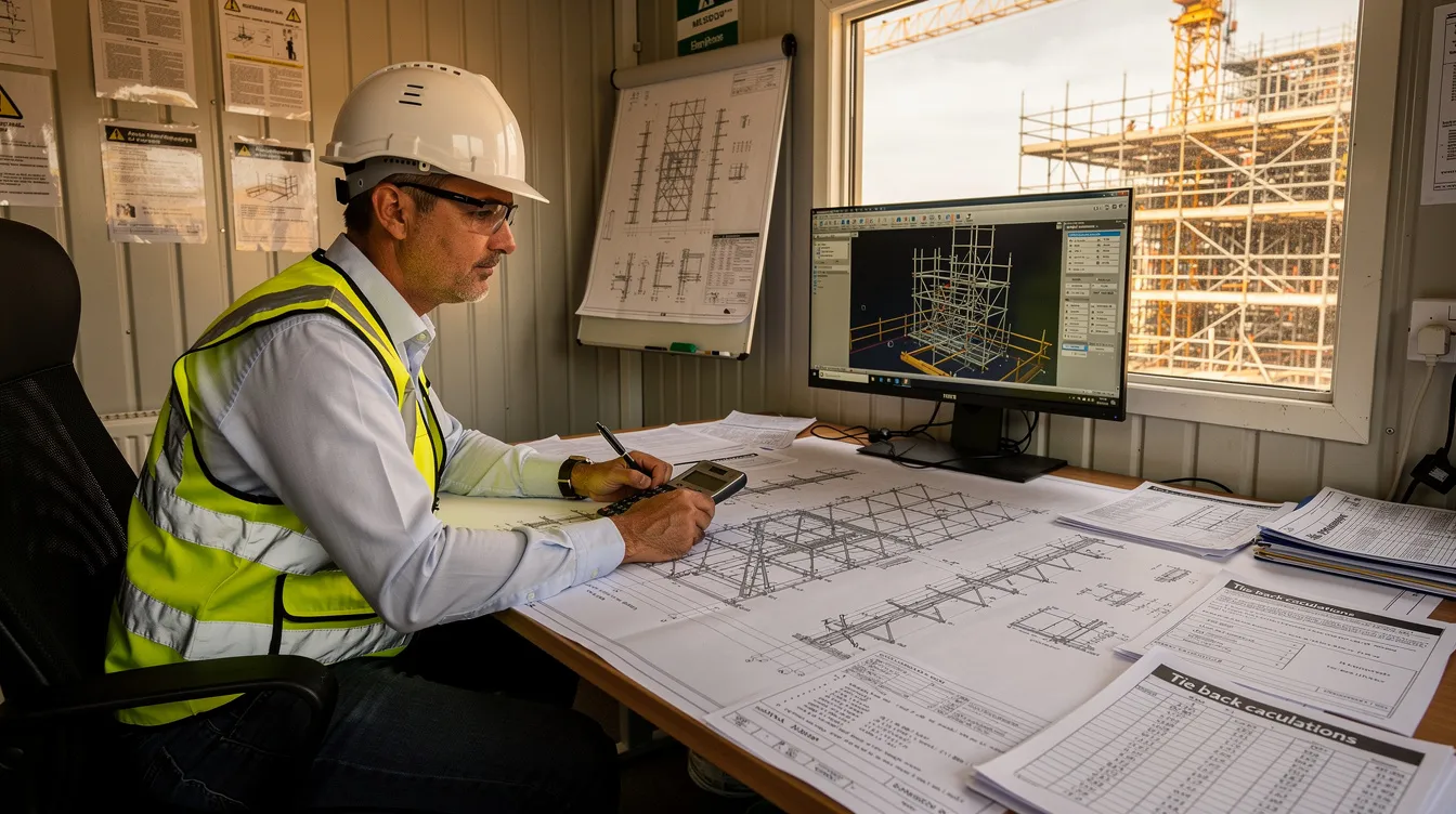 Scaffolding for Facade Maintenance Minor A A: Erecting Modular Scaffolding Exceeding Standard Heights, Tie-Back Analysis and PE Endorsement Requirements An engineer is seated at a construction site office, carefully reviewing scaffold design drawings that include tie-back calculations. The workspace is equipped with tools and materials essential for planning safe and efficient scaffolding systems for facade work, ensuring compliance with safety regulations and minimizing disruption for workers on the job.