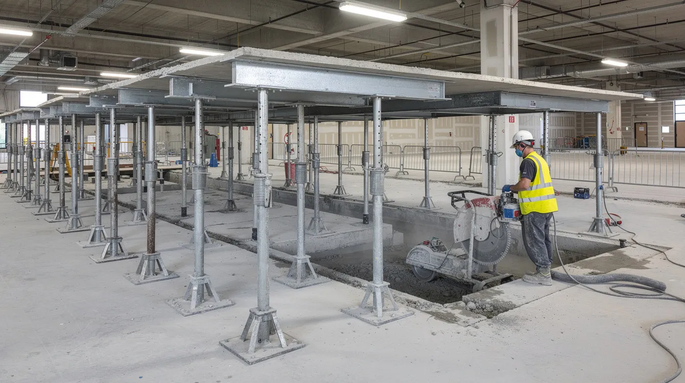 Structural Propping Temporary Shoring for Internal Slab Cutting: Why PE Structural Calculations are Essential for Site Safety The image depicts a steel propping system providing temporary support to a concrete slab during internal cutting operations in a commercial building. This temporary shoring system ensures the structural integrity of the existing structure while accommodating vertical loads and maintaining safety throughout the construction project.