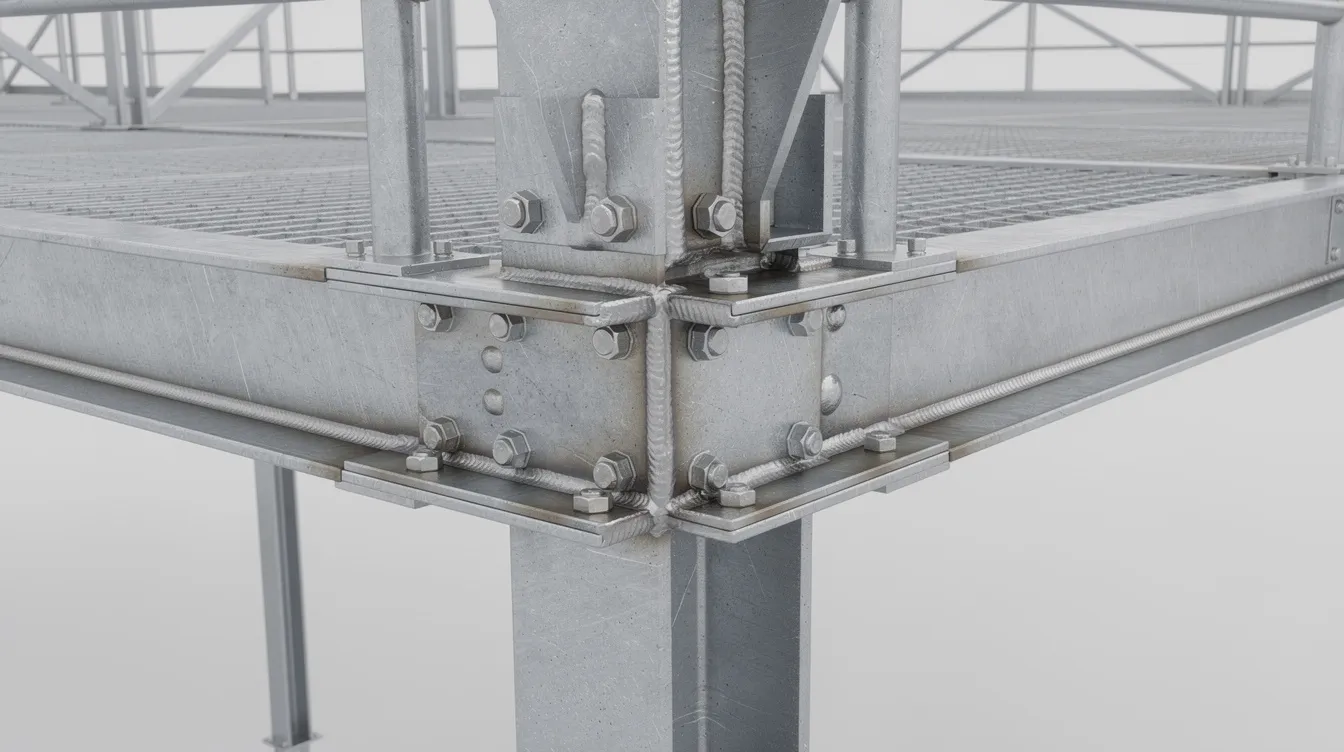 Factory Maintenance Access Catwalks: Structural Design Standards and PE Certification Guidelines The image depicts a welded steel connection detail on an industrial catwalk frame, showcasing a galvanized finish that protects against corrosion. This structural element emphasizes safety and stability, essential for ensuring secure access for workers and equipment in modern theatres and construction sites.