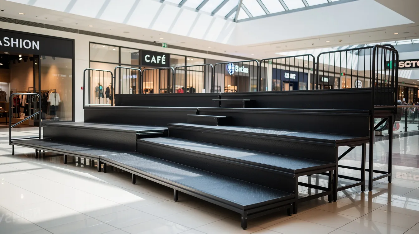 Display Escalators Choirs or Stage Platforms: Temporary Event Stages & Pop-Up Platforms Load Design and PE Endorsement for Mall Atriums The image features a tiered choral riser platform with safety rails and non-slip surfaces, set up in a brightly lit mall atrium where shopfronts are visible in the background. This stable performance space is designed to enhance visibility for performers, ensuring a better audience experience during choir performances.