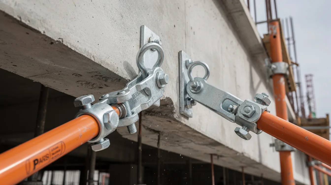 Scaffolding for Facade Maintenance Minor A A: Erecting Modular Scaffolding Exceeding Standard Heights, Tie-Back Analysis and PE Endorsement Requirements The image shows a close-up view of scaffold tie-back anchor points securely attached to a concrete building beam, illustrating essential elements of metal scaffold erection for stable working platforms. This setup is critical for ensuring safety and compliance during facade work and maintenance tasks.