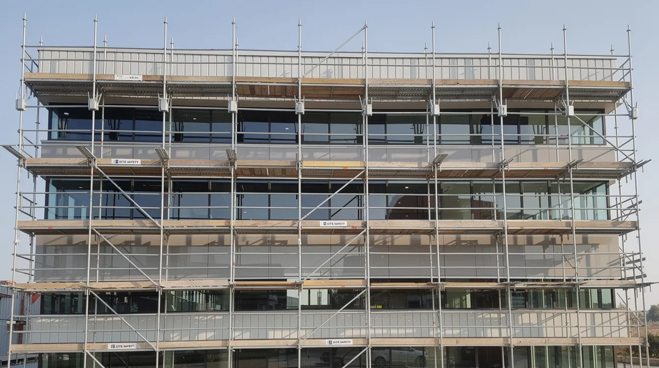 Scaffolding for Facade Maintenance Minor A A: Erecting Modular Scaffolding Exceeding Standard Heights, Tie-Back Analysis and PE Endorsement Requirements A modular scaffolding system is erected against the facade of a multi-storey commercial building, featuring visible tie-back connections for stability and safety. This setup provides reliable access for workers performing maintenance tasks while ensuring minimal disruption to the surrounding area.