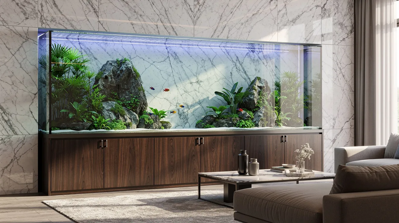 Heavy Architectural Features Load Analysis: Feature Wall vs. Structural Risk—When Heavy Marble, Stone Cladding, and Wall-Mounted Aquariums Require PE Checking A large residential aquarium filled with colorful fish is prominently displayed on a dark wood cabinet against a sleek marble wall in a modern living room, showcasing the structural design and aesthetic appeal of the space. The aquarium serves as a striking focal point, blending seamlessly with the contemporary interior while highlighting the importance of structural stability in residential buildings.