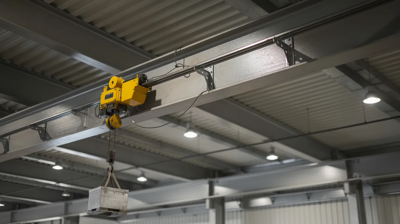 Installing Overhead Monorails Light Hoists (< 1-Tonne): PE Dynamic Load Analysis for Factory Workstations The image depicts a factory ceiling featuring steel I-beams, with an under-hung monorail hoist smoothly transporting a small load along a monorail track. This overhead monorail crane system is designed for efficient material handling in production lines, utilizing a single stationary beam for lifting operations.