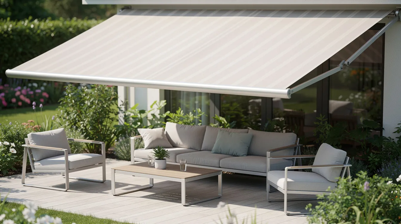 Installing Heavy Motorized Retractable Awnings Canopies & Aluminum Louvers: Structural Cantilever Checks and PE Sign-Off A partially extended retractable awning provides shade over an outdoor patio furnished with stylish garden furniture, creating a comfortable space for outdoor dining. This modern awning solution enhances the outdoor area, offering protection from sunlight while maintaining a sleek design.