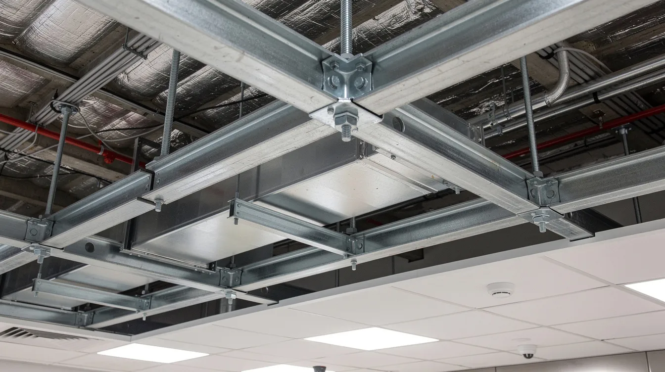 Installing Commercial Kitchen Heavy Equipment Exhaust Ducts and Ovens: PE Structural Load Calculations for F&B Fit-Outs The image shows a steel subframe installed above the ceiling of a commercial kitchen, designed to support the exhaust ductwork essential for effective kitchen exhaust systems. This installation plays a crucial role in maintaining airflow efficiency and preventing grease accumulation, ensuring proper operation and fire safety in food processing operations.