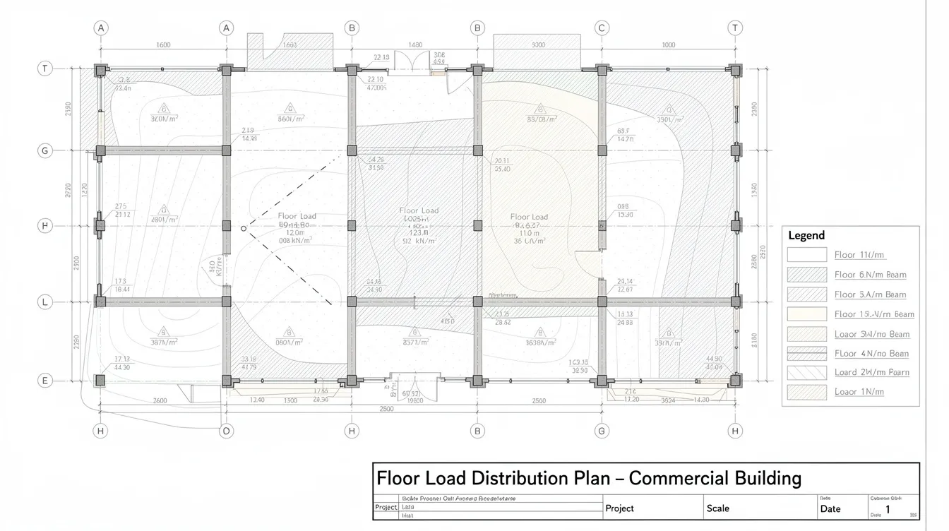 High Density Server Racks UPS Systems: Data Room Upgrades and How PEs Evaluate Concentrated Floor Loads without BCA Submissions The image depicts a detailed engineering drawing of a commercial building plan, highlighting the floor load distribution patterns along with the marked positions of columns and beams. This layout is essential for ensuring the structural integrity and operational requirements of high density server racks and IT equipment within the facility.