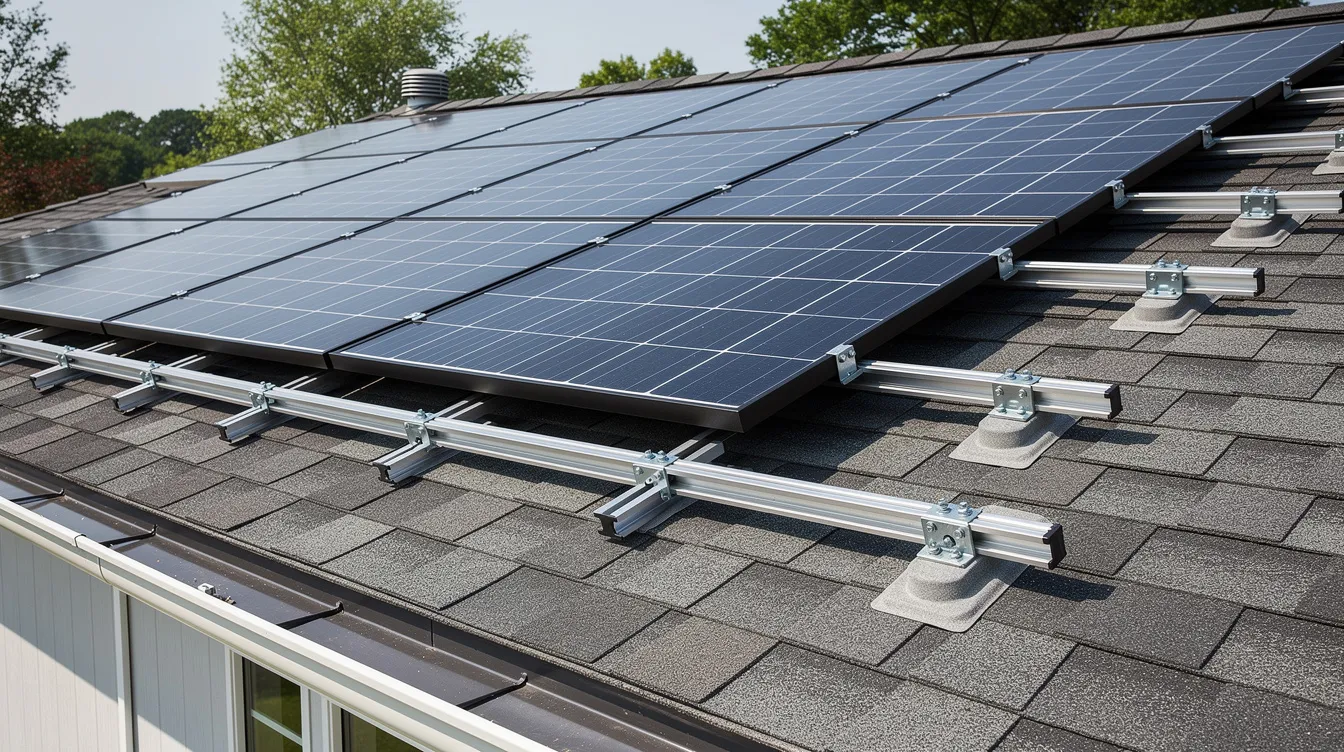 Solar Panel Installation on Private Roofs: Structural Wind-Load Calculations & PE Endorsement Mandates for Landed Homes The image depicts a residential rooftop featuring a solar panel array, highlighting the mounting rail details and the clearances at the roof edge. This rooftop solar system is designed to maximize sunlight exposure while ensuring proper installation and structural integrity.