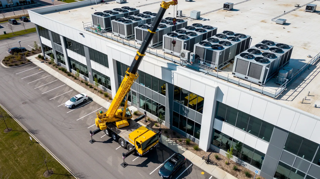 Heavy Equipment Rigging Lifting Plans: Lifting Heavy Chiller Units onto Existing Roofs, PE Crane Mat and Slab Loading Analysis An aerial view captures a mobile crane positioned next to a commercial building, ready for a lifting operation involving chiller units staged on the rooftop. The image highlights the importance of proper planning and rigging gear for ensuring safety during complex lifts in construction sites.
