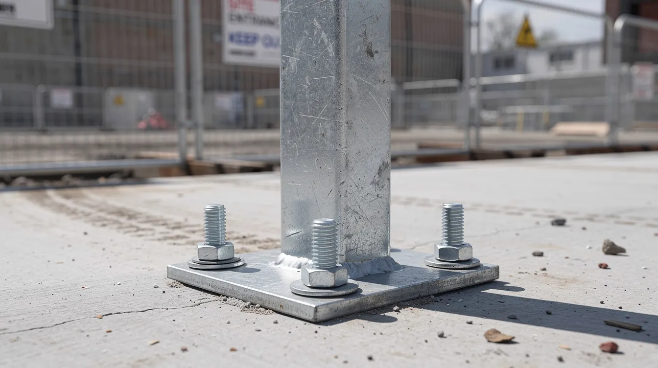 External Site Hoarding Decorative Fencing: Classifying Hoarding and Protective Fencing, Wind Load Calculations, and PE Endorsement for A&A Works The image shows a steel hoarding base plate securely anchored to concrete, featuring visible bolt connections at a construction site boundary. This installation serves as a temporary barrier to enhance safety and manage crowd control, ensuring a secure construction site while providing a visual barrier against debris and noise.