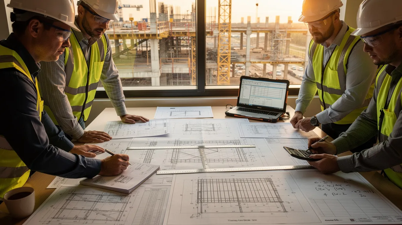 Structural Propping Temporary Shoring for Internal Slab Cutting: Why PE Structural Calculations are Essential for Site Safety Two engineers are intently reviewing structural drawings and calculation documents on a construction site desk, surrounded by various tools and materials. Their focus on ensuring the structural integrity of the project highlights the importance of temporary propping systems and load bearing capacity in maintaining safety during construction.