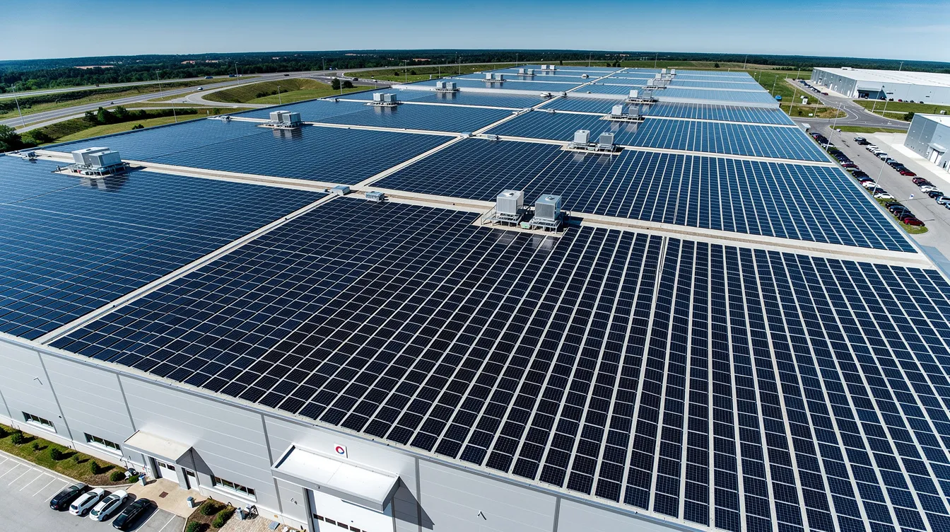 Solar Mounting Systems on Factory Metal Roofs: Industrial Roof Solar Array Upgrades and Structural Purlin and Truss Capacity Analysis by a PE An aerial view of a large factory rooftop showcases rows of solar panels installed on durable metal roofs, highlighting an efficient solar installation designed to optimize energy production. The solar array is securely attached using compatible mounting systems, ensuring reliability against wind uplift and snow loads.