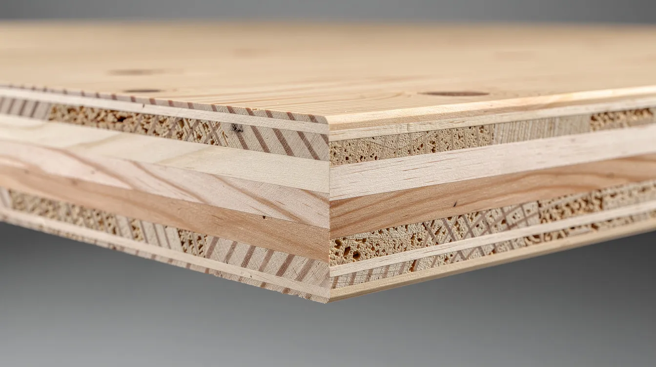Mass Engineered Timber (MET) and Hybrid Structural Systems: Carbon Reduction in Local Construction A close-up view of a cross-laminated timber panel showcases its alternating wood grain layers and a smooth engineered surface, highlighting the beauty of mass timber construction. This sustainable building material is known for its structural integrity and ability to store carbon, contributing to lower carbon footprints in the construction sector.