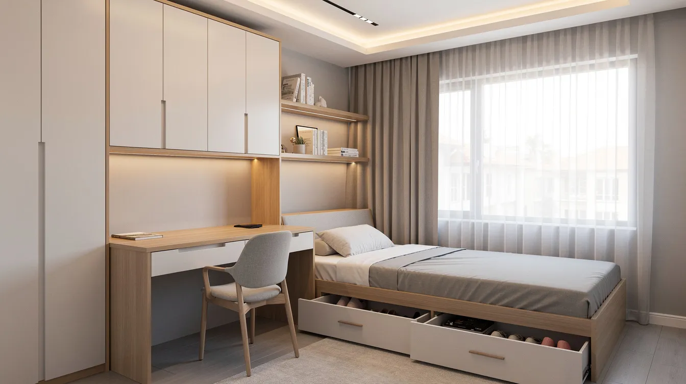 HDB Renovations in Singapore: Regulations, Design, Costs and Compliance (2026 Guide) The image depicts a compact HDB bedroom featuring a full-height wardrobe, an integrated study desk, and a platform bed with under-bed drawers, showcasing practical layouts and custom storage solutions ideal for maximizing space in an HDB flat. This design emphasizes functionality and comfort for daily use, making it suitable for Singapore homeowners looking to enhance their living area through thoughtful renovation work.