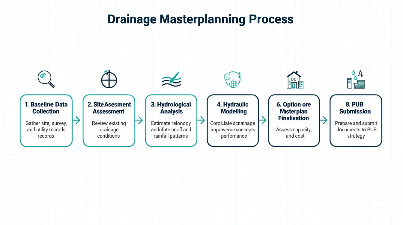 Drainage Design for Master Developments in Singapore: Integrating ABC Waters and PUB Requirements The image depicts a flowchart outlining the eight-step drainage masterplanning process, starting from baseline data collection and culminating in PUB submission. It highlights key components such as drainage systems, environmental impact assessments, and the management of stormwater to ensure adequate drainage and public health.