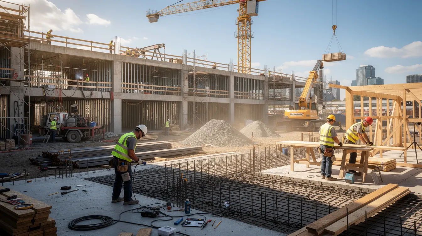 Single Discipline vs Multi Disciplinary Consultancies Which Model Fits Your Development? The image depicts a bustling construction site where an interdisciplinary team of workers from multiple disciplines, including engineers and laborers, collaborate simultaneously to develop a building structure. Their integration of specialized knowledge and diverse perspectives illustrates the importance of multidisciplinary approaches in solving complex construction challenges.