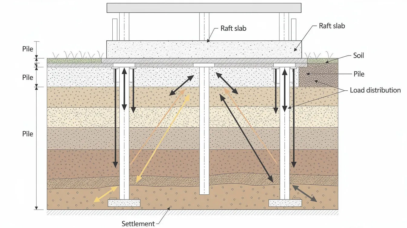 Value Engineering in Structural Design: Cutting Material Costs Without Compromising Safety The image is a cross-section diagram of a piled-raft foundation, illustrating the load distribution between the piles and the raft slab. This visual representation highlights how effective value engineering in construction can optimize material usage and reduce costs while maintaining structural integrity and safety in building projects.