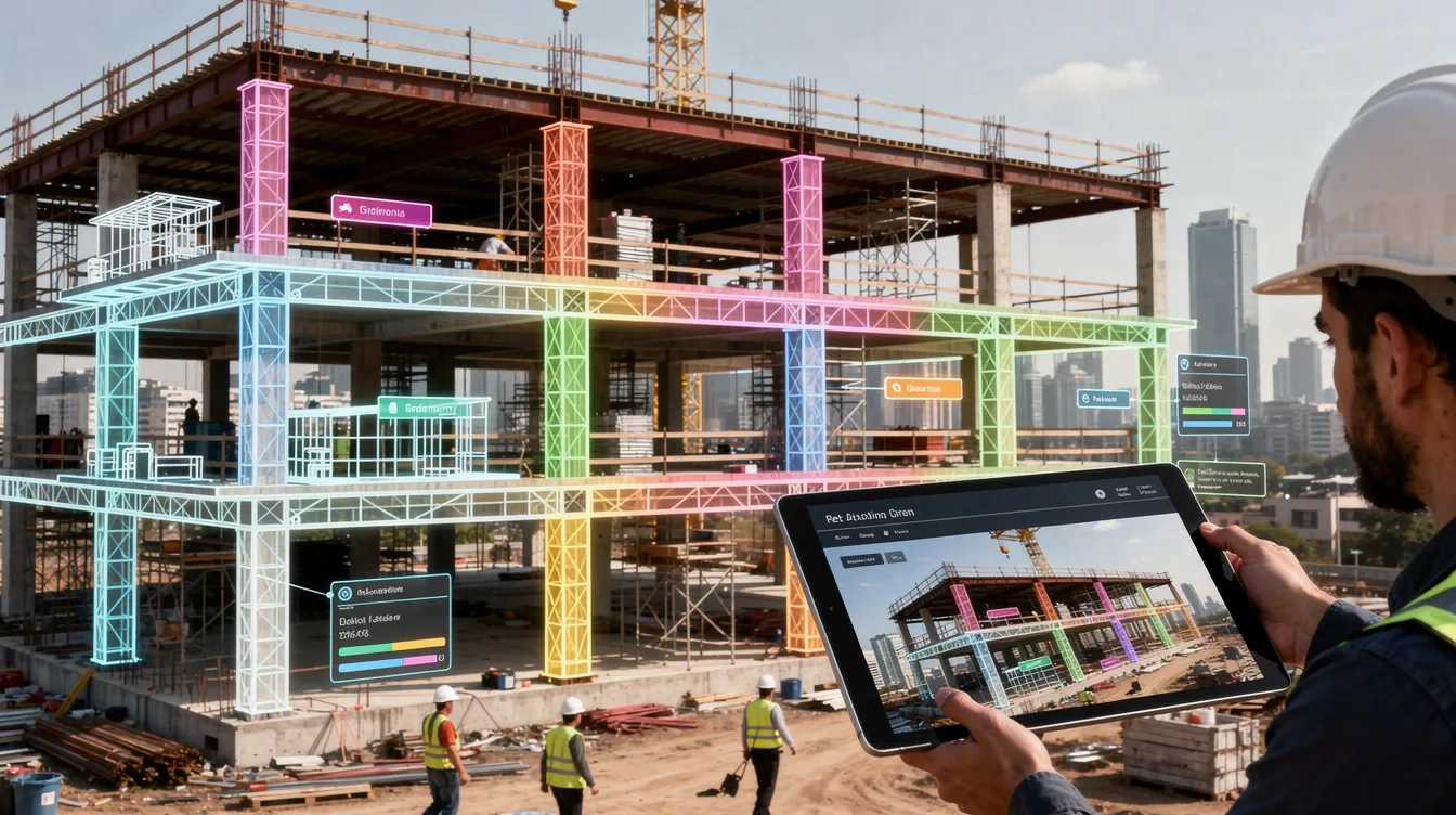 Integrated Digital Delivery (IDD) and Structural BIM Federation in Singapore Projects The image depicts a construction site featuring a digital overlay that illustrates a federated model aligned with the physical structure, facilitating progress tracking. This integration of digital technologies enhances collaboration among project stakeholders, streamlining the construction process and improving real-time data management for the entire project.