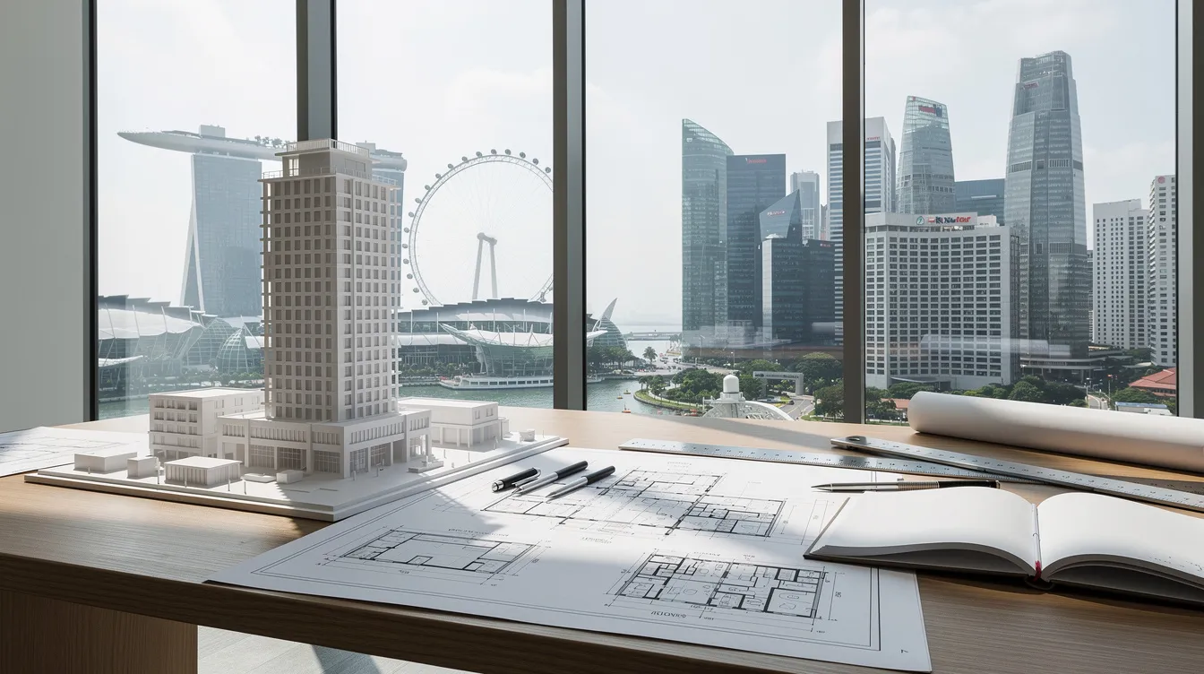 Design and Build: A Complete Guide for Construction Projects in Singapore An architectural blueprint and a detailed construction model of a residential building are displayed on a desk, with a stunning view of the Singapore cityscape visible through large windows in the background.