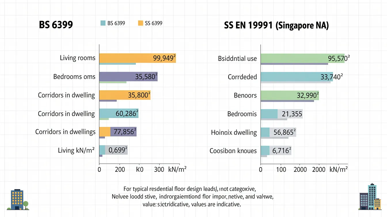 Eurocodes Adapted for Singapore: How Singapore National Annexes Shape Structural Design The image is a chart comparing typical residential floor loads under the legacy British Standard BS 6399 and the Singapore National Annex (SS EN 1991 categories), highlighting differences in structural design parameters for concrete, steel, and timber structures. This visual representation is relevant for civil engineering works and showcases how Singapore's national annex shapes the construction industry and compliance with eurocodes standards.
