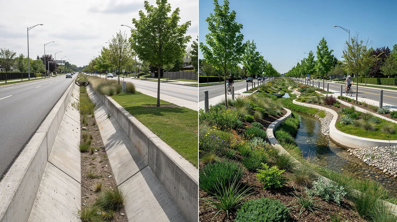 Drainage Design for Master Developments in Singapore: Integrating ABC Waters and PUB Requirements The image shows a side-by-side comparison of a road corridor before and after transformation, highlighting the shift from a concrete-lined drainage system to a lush, integrated green swale with landscaping that enhances stormwater management and public health. The after photograph illustrates a more environmentally friendly approach, featuring vegetation that aids in drainage and reduces flooding risks.