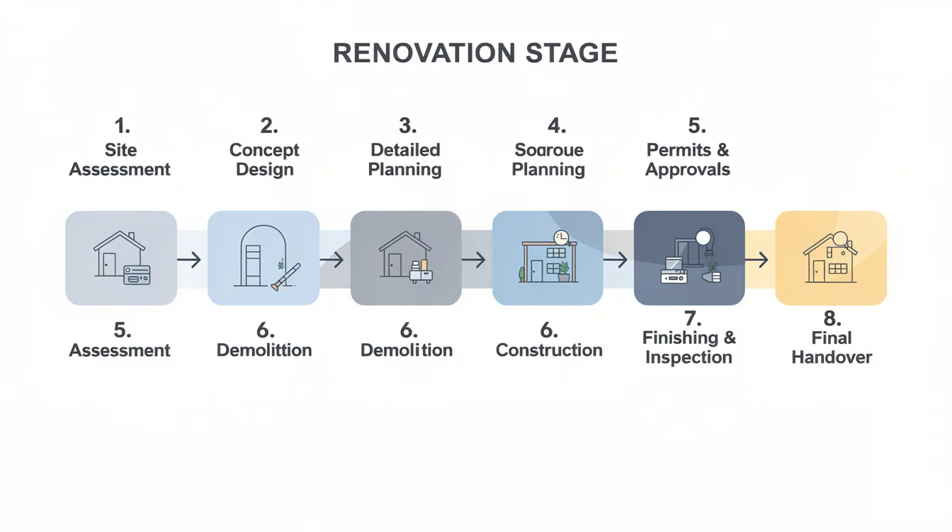 HDB Renovations in Singapore: Regulations, Design, Costs and Compliance (2026 Guide) The image depicts a simple flow diagram outlining eight stages of the renovation process, beginning with site assessment and culminating in final handover. This visual representation highlights the systematic approach taken by renovation contractors, ensuring that Singapore homeowners achieve their dream home while adhering to HDB renovation permit requirements.
