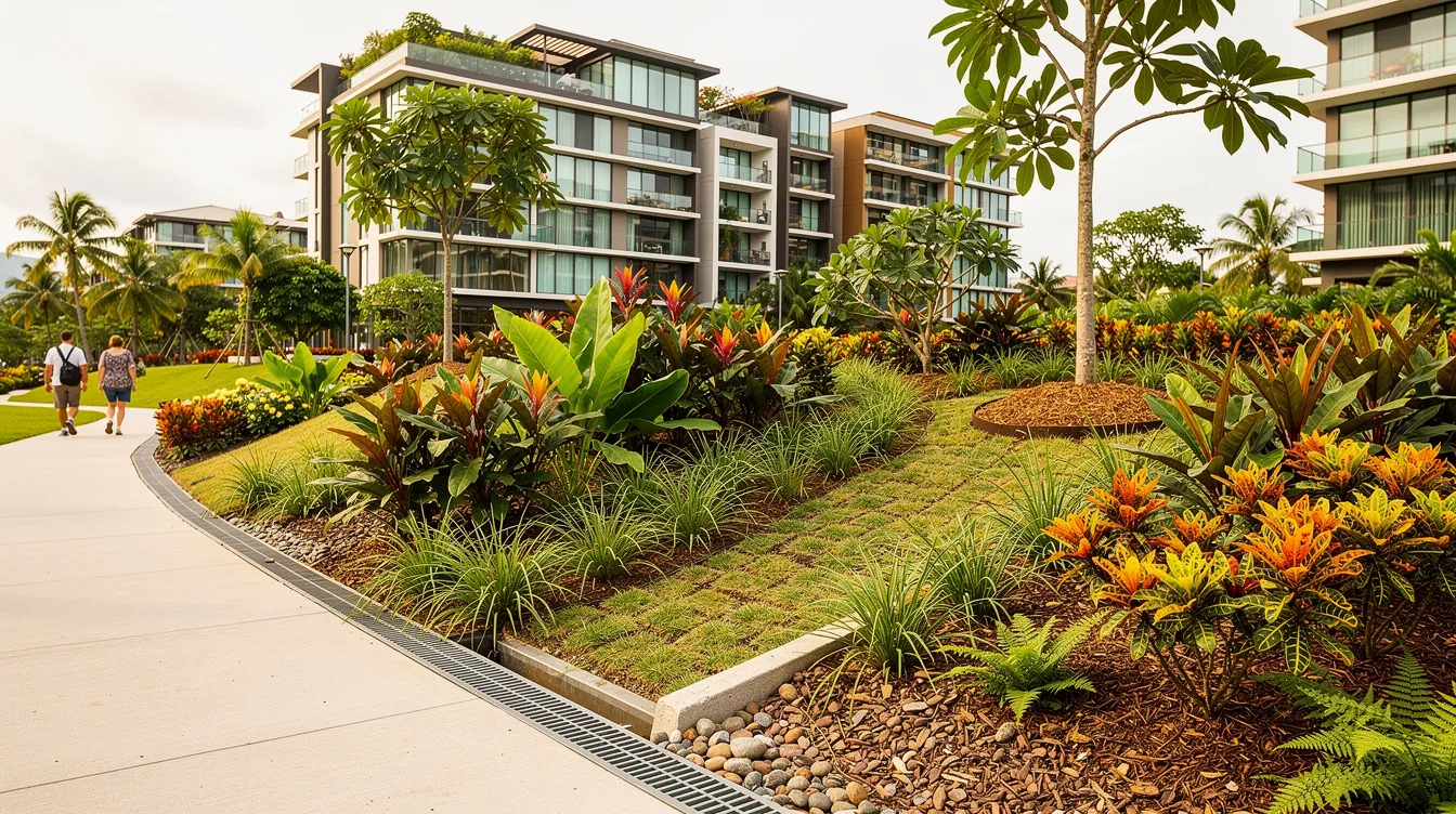 Drainage Design for Master Developments in Singapore: Integrating ABC Waters and PUB Requirements The image depicts a vibrant bioretention rain garden filled with native plants, situated alongside a pedestrian path in a tropical urban development. This garden serves as an essential component of stormwater drainage systems, helping to manage excess water and improve public health by filtering contaminants before they reach the sewer systems.