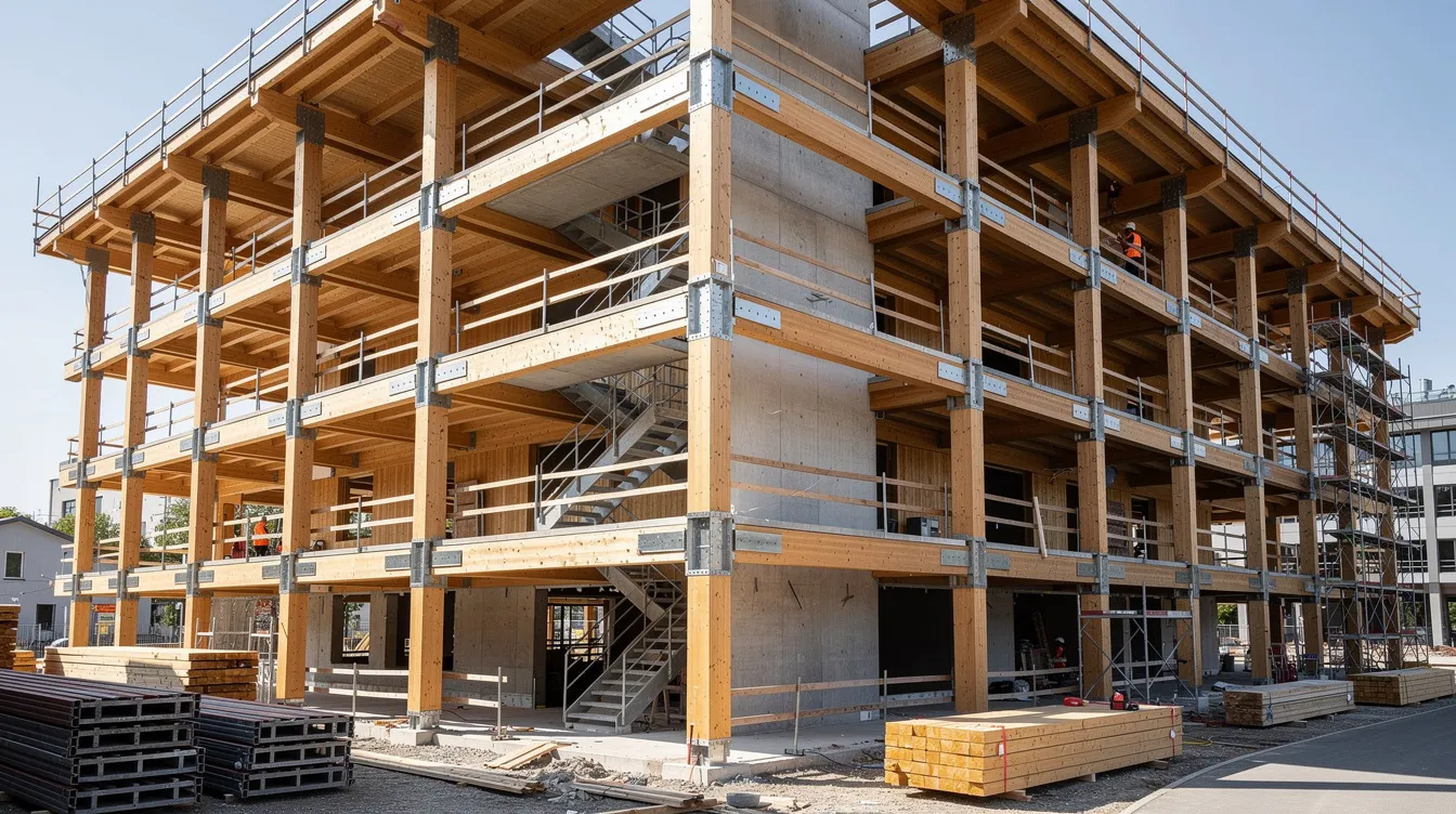 Mass Engineered Timber (MET) and Hybrid Structural Systems: Carbon Reduction in Local Construction The image depicts a modern multi-storey building under construction, showcasing a combination of exposed timber beams and columns alongside concrete core walls and steel connections. This mass timber construction project highlights the structural integrity and sustainability benefits of using engineered wood products, contributing to reduced carbon emissions in the construction sector.